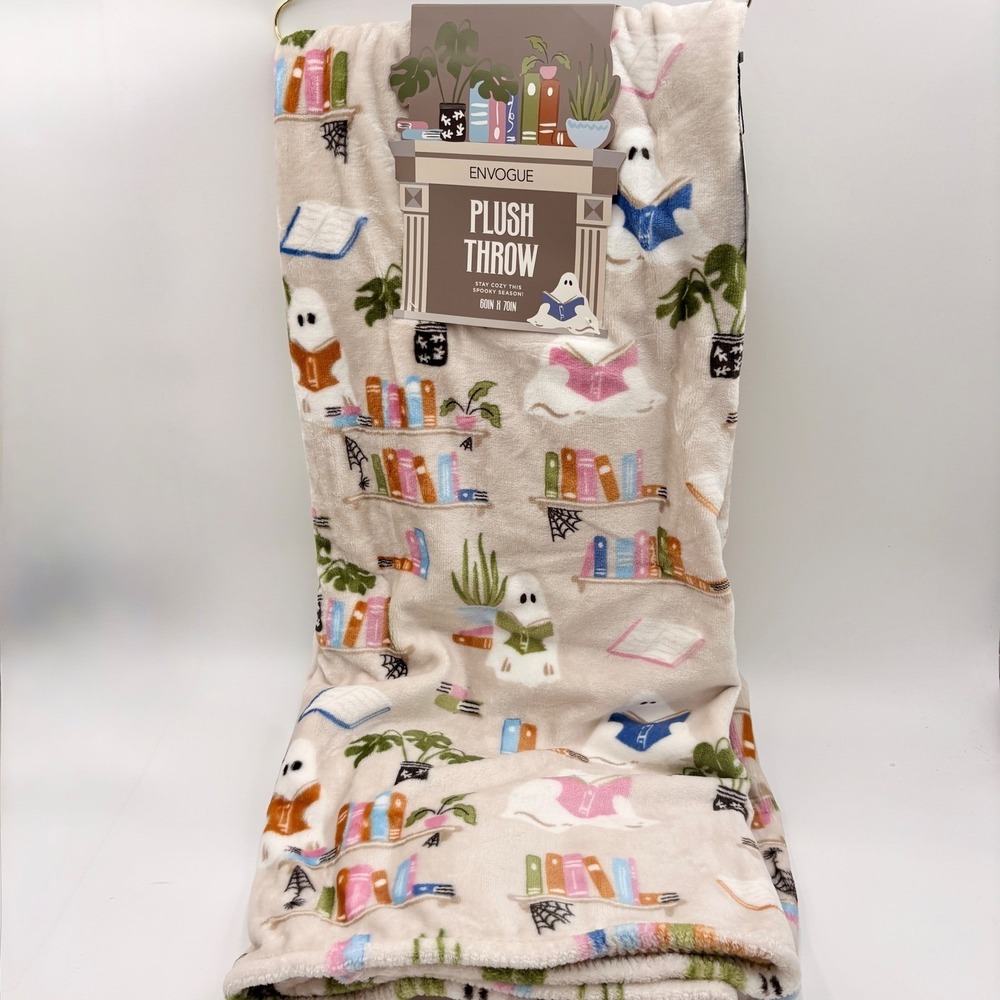 Envogue Plush Throw Blanket Reading Ghosts Bookshelf Halloween 60x70 Bibliophile